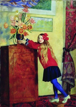 ボリス・ミハイロヴィチ・クストーディエフ Painting - 花を持つ少女 1917年 ボリス・ミハイロヴィチ・クストーディエフ